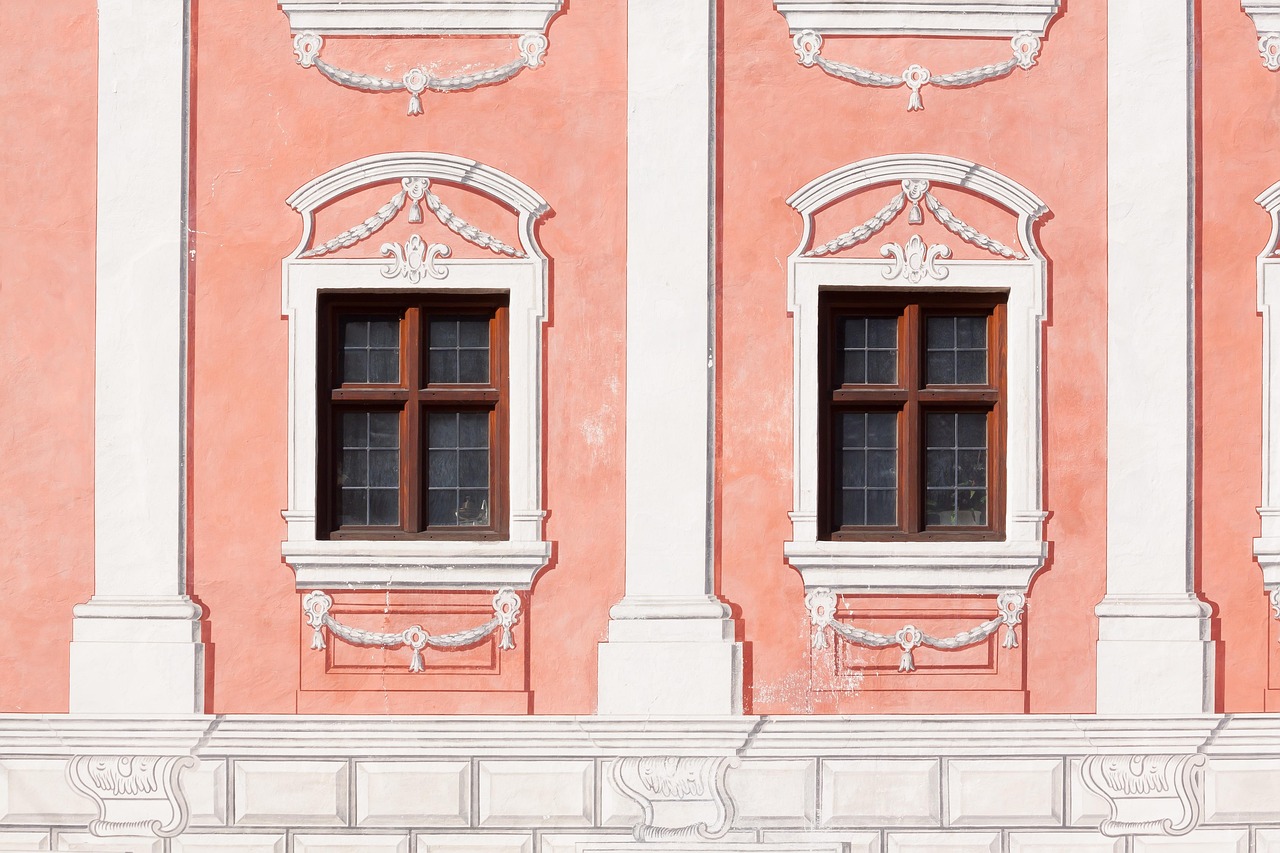 Facade, dusky pink, window in Riverside, CA