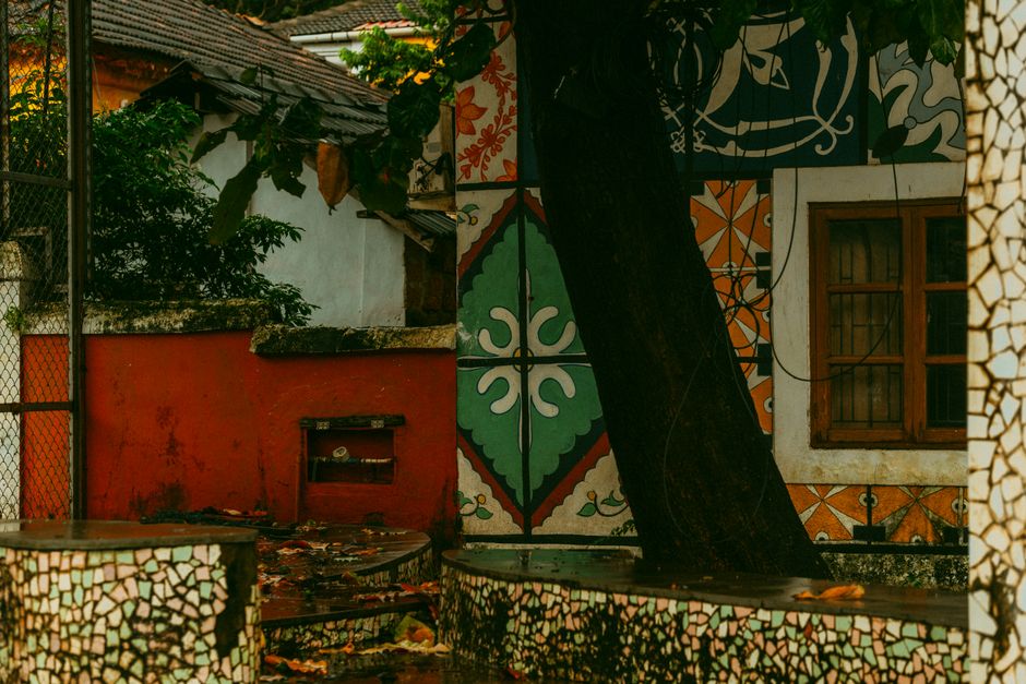 A painted exterior wall in several colors with a tree in front.